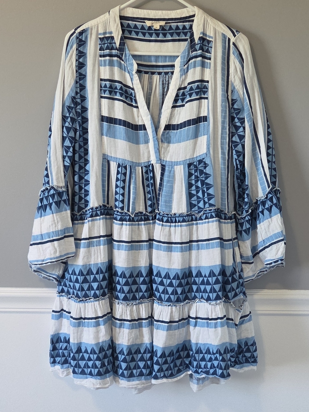 Blue & White Striped V-neck Tiered Women's Dress 3/4 Bell Sleeves A-line Peasant